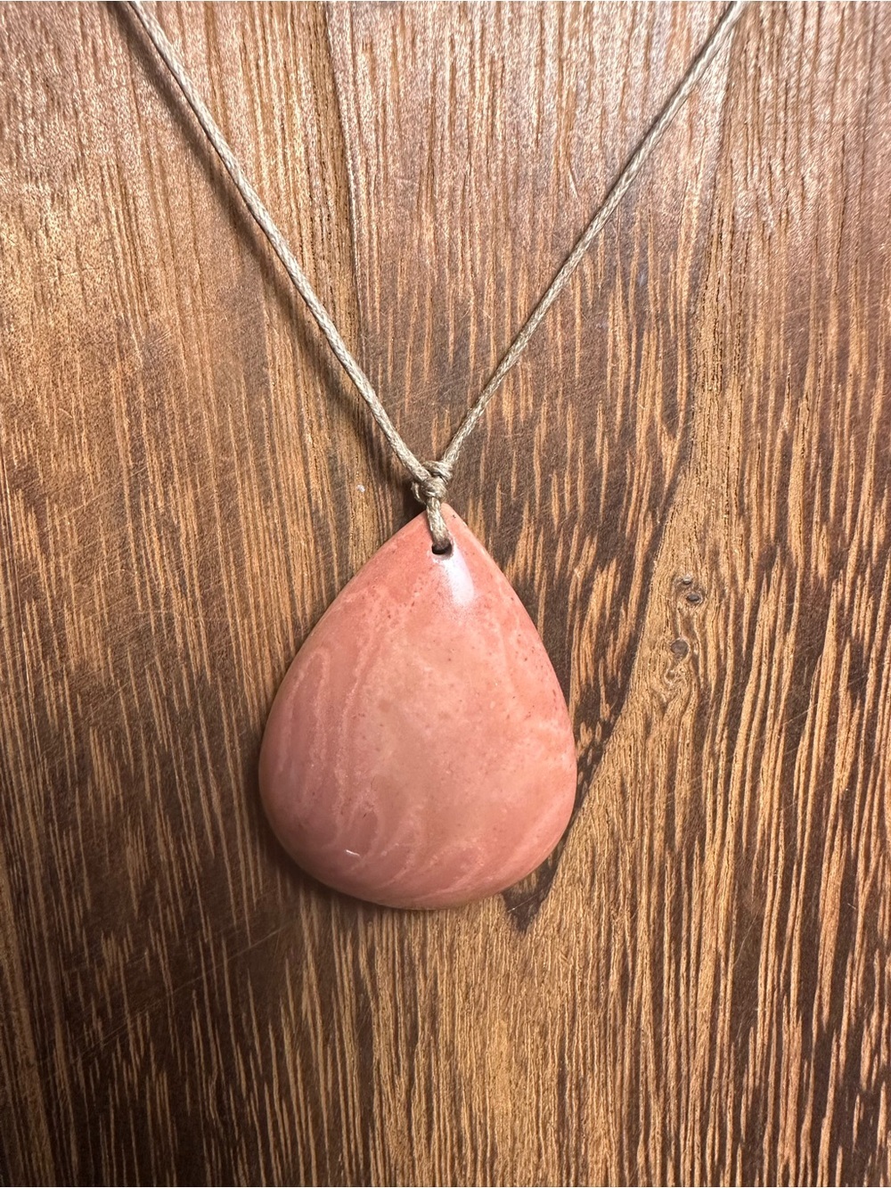 Minimalist Polychrome Jasper Teardrop Pendant Necklace on Thin Brown Rope - Picture 8 of 16